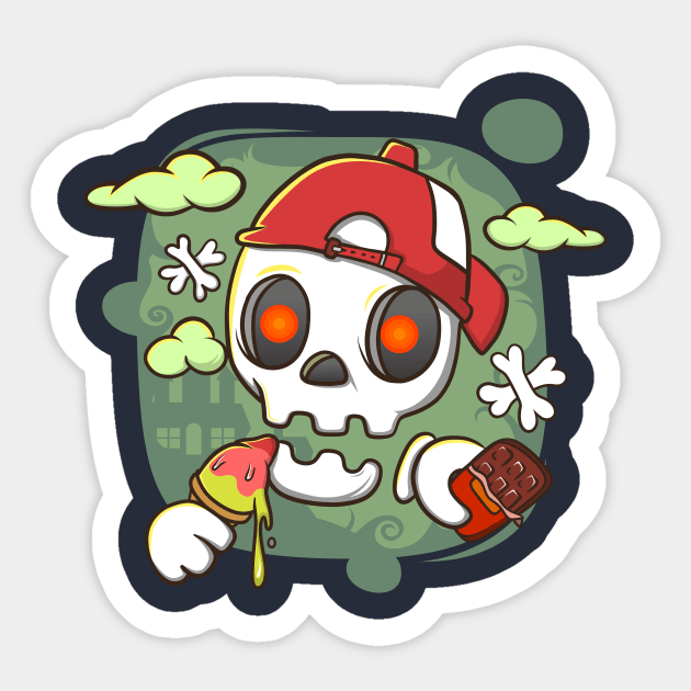 cute illustration of a skull eating ice cream and chocolate Sticker by ReasArt